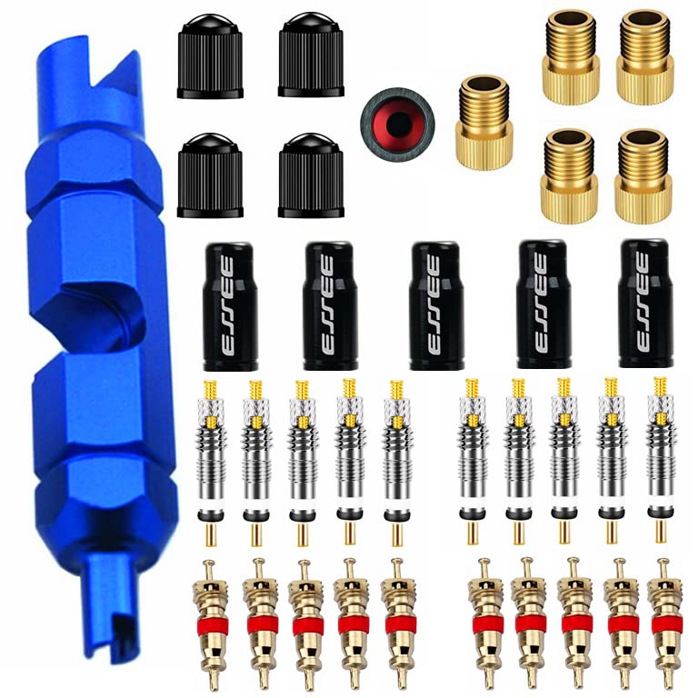 Aracey 36 Pieces Presta Valve Core Kits,Handy Alloy Valve Core Remover,10Pcs Presta Valve Cores,5Pcs Presta Valve Adapters,5Pcs Presta Valve Caps,10Pcs Schrader Valve Cores,5Pcs Schrader Valve Caps - Image 1
